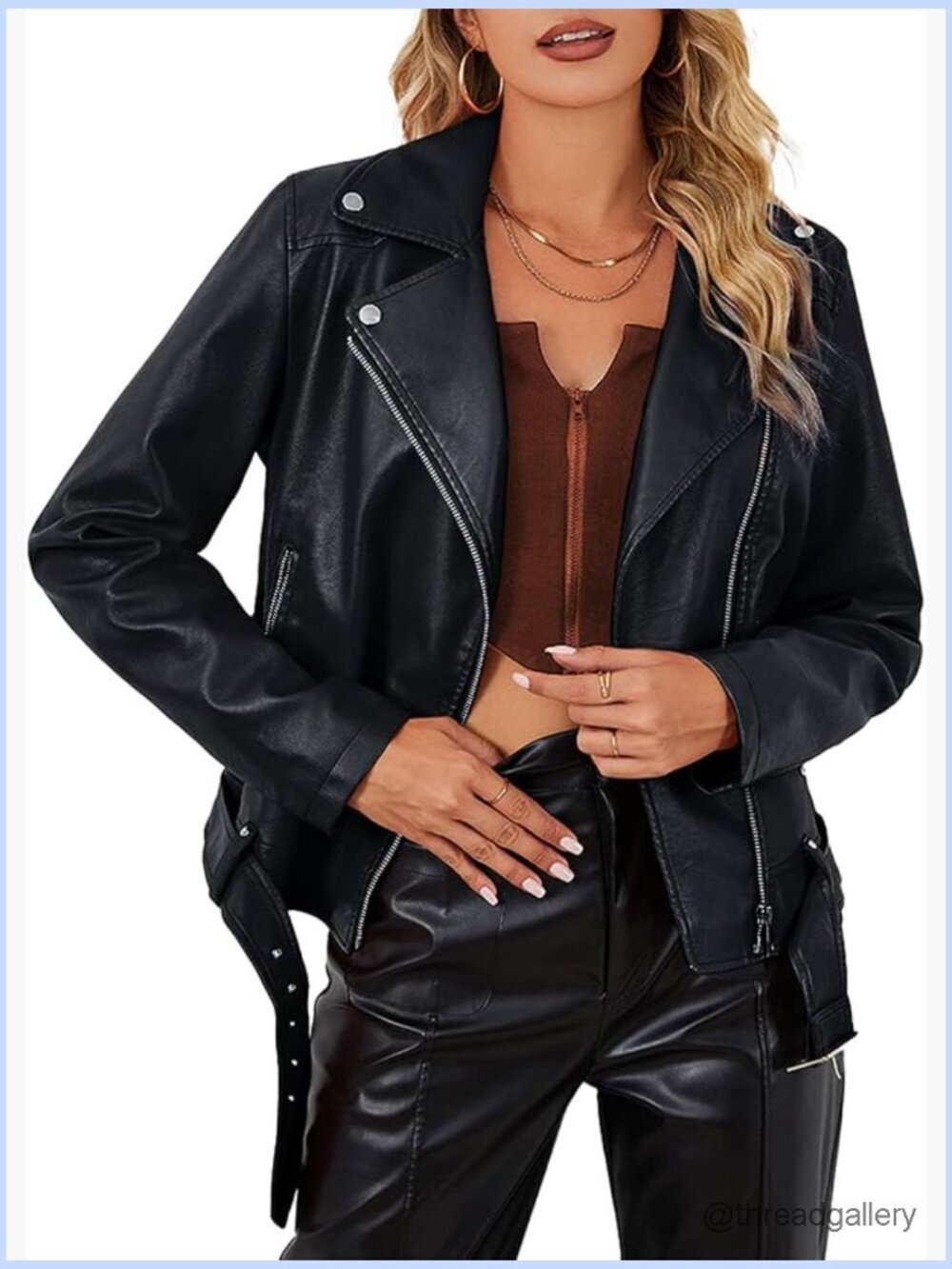 Faux Leather Moto Jacket with Belt Lightweight Classic Coat